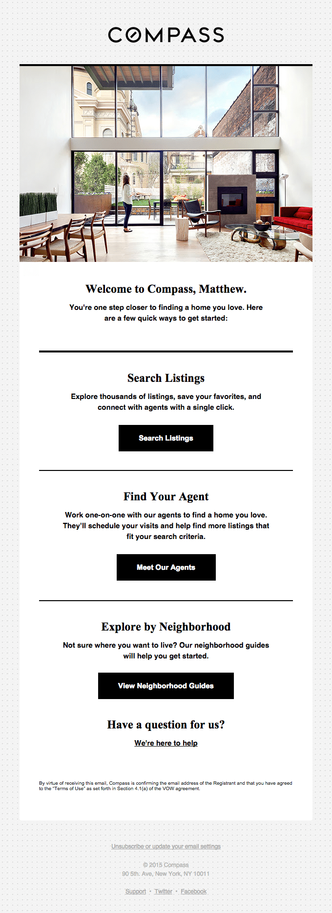 This welcome email from Compass gives three really easy ways to get acquainted with their offers