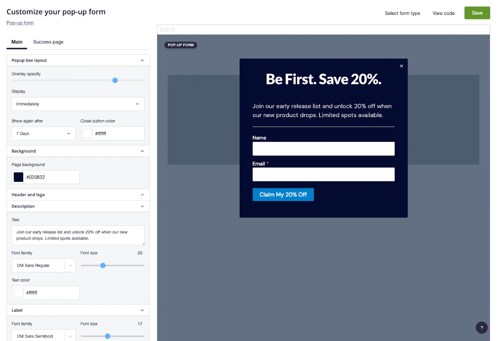 Popup signup page